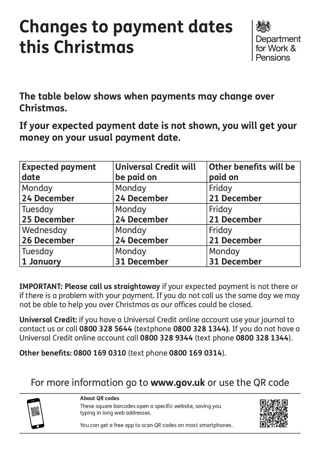 Information when benefits will be paid for the Christmas period